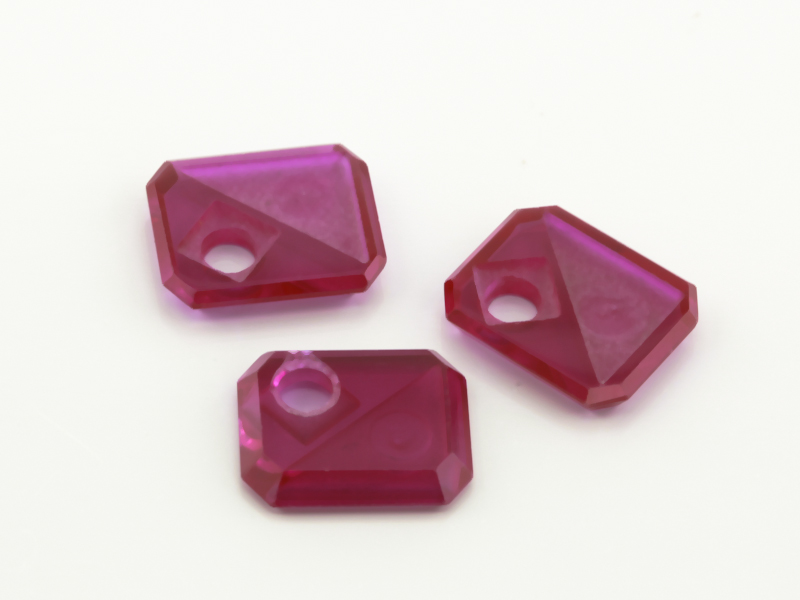 Synthetic/Lab Grown Ruby 12x10mm Emerald Cut Countersunk Corner Drilled Triangle Flat Back Pink Red